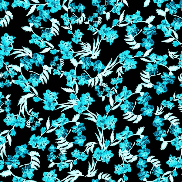 Padrão Sem Costura Flor Azul Selvagem Folhas Fundo Preto Ilustração — Fotografia de Stock