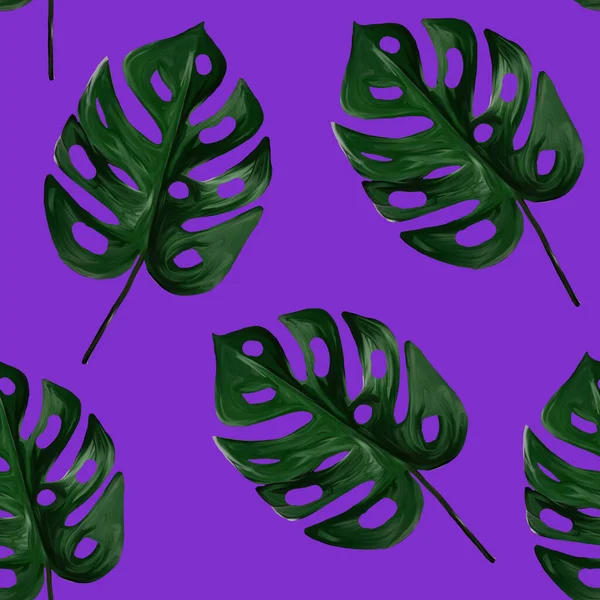 Απρόσκοπτη Μοτίβο Τροπικών Πράσινων Φύλλων Monstera Βιολετί Φόντο Gouache Ζωγραφισμένα — Φωτογραφία Αρχείου