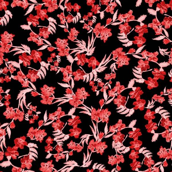 Seamless Pattern Wild Pink Flower Leaves Black Background Watercolor Floral — Stock Photo, Image