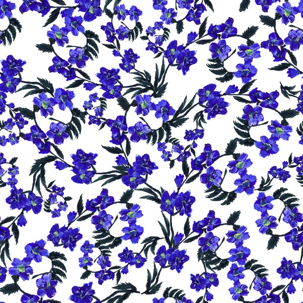 Patrón Inconsútil Flor Púrpura Salvaje Hojas Blanco Fondo Ilustración Floral — Foto de Stock