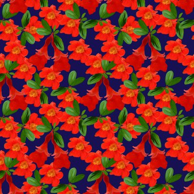 Yapraklar ve çiçeklerle el yapımı nar dalı. Kusursuz desen. Koyu mavi arka planda bir resim. Tekstil, kağıt, giysi ve vaka telefonu kapağı tasarımı için alışılmadık bir şablon.