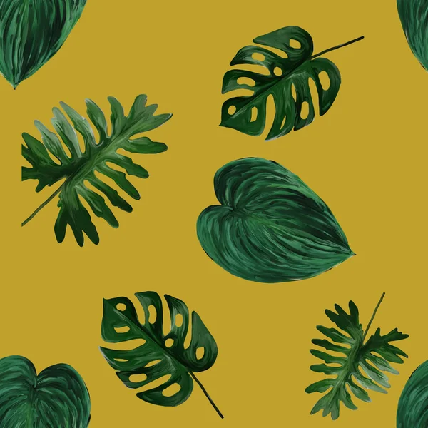 Original seamless tropical pattern with bright plants and leaves on yellow background. Seamless pattern with colorful leaves of colocasia, filodendron, monstera. Exotic wallpaper. Hawaiian style.