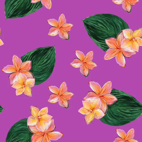Frangipani Plumeria Tropical Flowers. Seamless pink pattern Background. Tropical floral summer seamless pattern background with plumeria flowers with leaves.