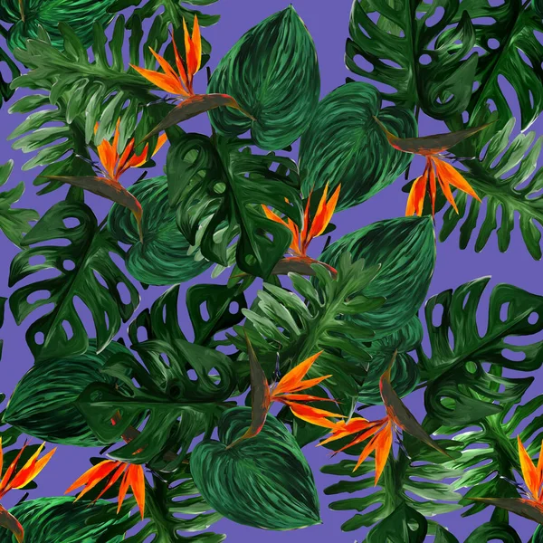 原来天衣无缝的热带图案与紫罗兰花和叶子的背景 无缝图案 色彩艳丽的叶色 丝状花冠 雌雄同体 奇异的壁纸 夏威夷风格 — 图库照片