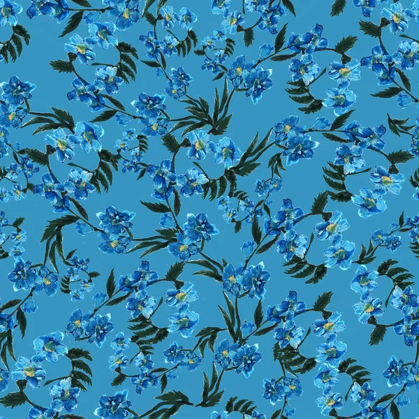 Patrón Sin Costuras Flor Azul Salvaje Hojas Sobre Fondo Azul —  Fotos de Stock