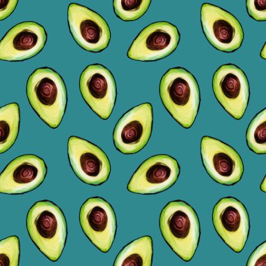 Dilimlenmiş kemiksiz avokado desenli kusursuz desen açık yeşil arka planda izole edilmiş çiçek deseni. Raster Meydanı Avokado Parçalı Kusursuz Desen. Yemek deseni, elle boyanmış..