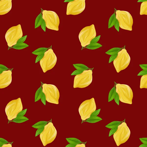 A seamless lemon pattern on brown background. The seamless pattern of fresh citrus fruit lemons with green leaves. Hand drawn gouache painting.