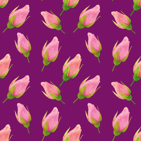 蔷薇花在紫色背景手工制作的水蜜桃上 油漆画无缝 图案柔和 网页背景 婚礼邀请函 保存日期卡 — 图库照片