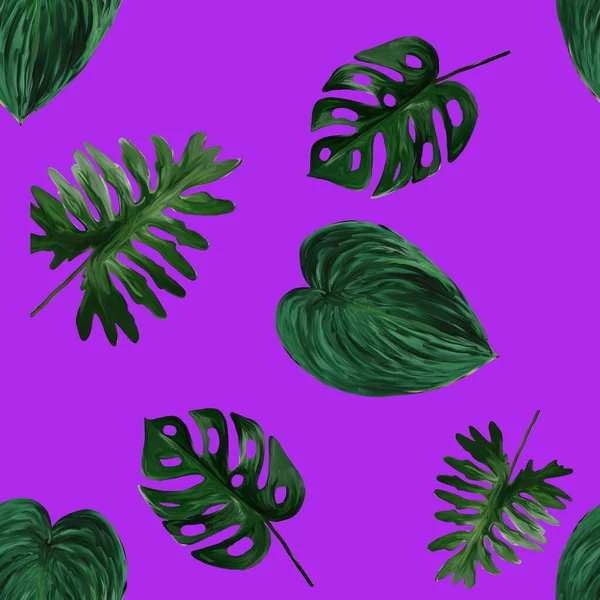 Origineel Naadloos Tropisch Patroon Met Heldere Planten Bladeren Violette Achtergrond — Stockfoto