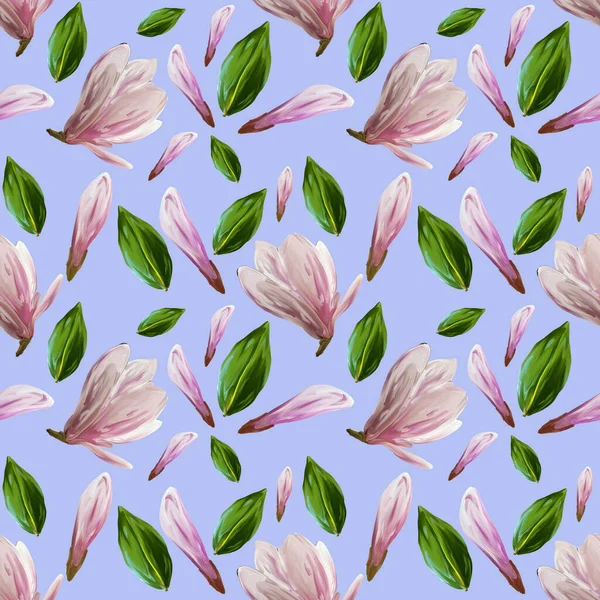 マグノリアの花や葉が咲くシームレスなパターン 水彩イラスト あなたのデザイン 包装紙 背景のための隔離された青の背景のパターン — ストック写真