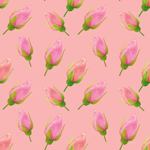 Квіти Троянд Рожевому Тлі Ручної Роботи Гуаш Олійна Фарба Безшовний — стокове фото