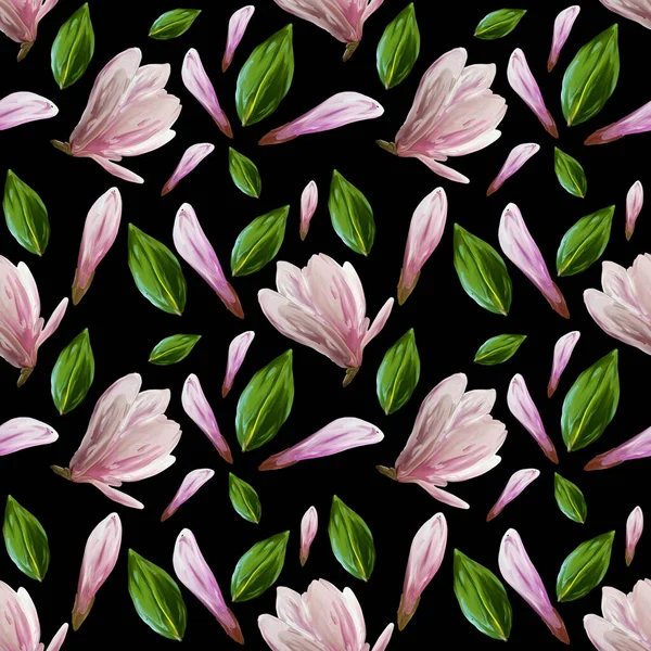 Nahtloses Muster Mit Blühenden Magnolienblüten Und Blättern Aquarell Illustration Muster — Stockfoto