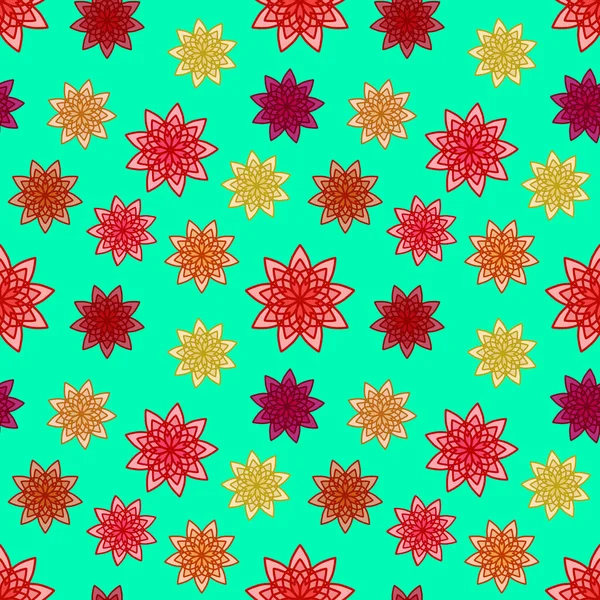 pattern seamless with red, orange and yellow floral ornaments on turquoise background for kitchen wallpaper or bathroom flooring. can be used as wrapping paper, background, fabric print, wallpaper.