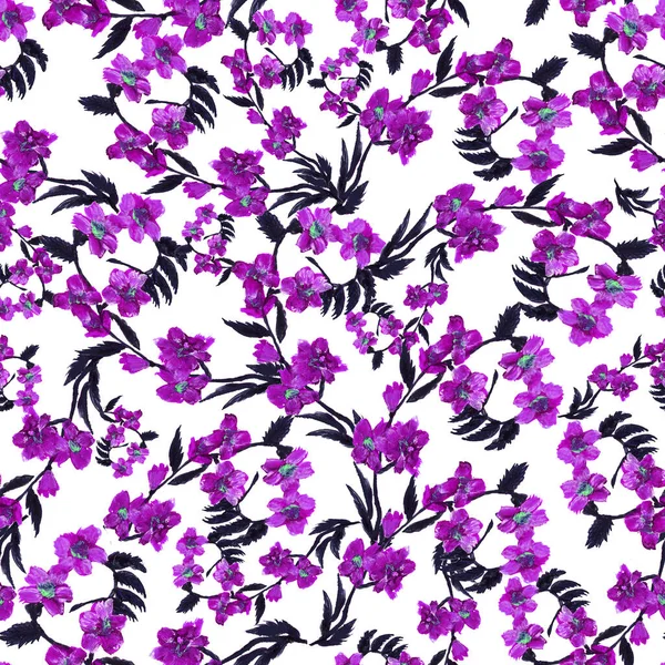 Seamless pattern wild purple flower and leaves on white background. Watercolor floral illustration. Botanical decorative element. Flower concept. Botanica concept.