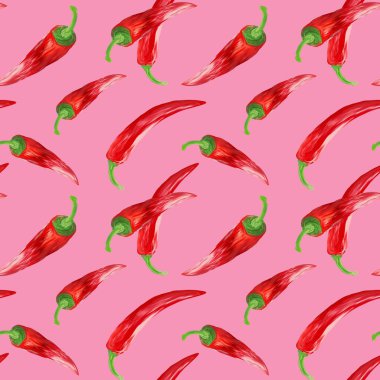 Pembe arka plandaki kırmızı biberler kusursuz çizilmiş. Gouache 'de elle illüstrasyon. Duvar kağıdı, arkaplan, kumaş, tekstil, kafe, restoran, tatil köyü, egzotik ambalaj için doğal arka plan..
