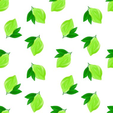 Beyaz arka planda pürüzsüz bir kireç deseni. Yeşil yapraklı taze narenciye limonu deseni. El çizimi guaj resmi.