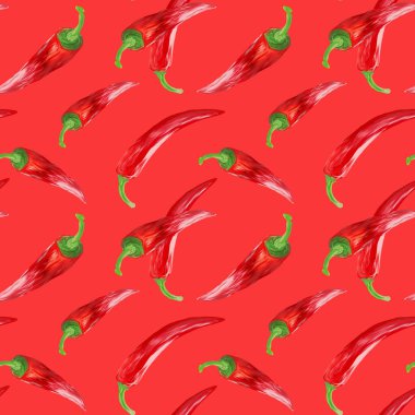 Kırmızı biberli el çizimi, pürüzsüz kırmızı desen. Gulak manüel illüstrasyon. Duvar kağıdı, arkaplan, kumaş, tekstil, kafe, restoran, egzotik, ambalaj.