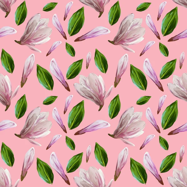 マグノリアの花や葉が咲くシームレスなパターン 水彩イラスト あなたのデザインのための隔離されたピンクの背景のパターン 包装紙 — ストック写真