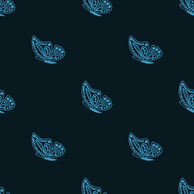 Kusursuz desen, koyu mavi arka planda kelebek kumaş ve dekor için sanat arkaplan tasarımı. Duvar kağıdı, hediye kağıdı, şablon dolguları, web sayfası arka planı, bahar ve yaz tebrik kartları için mükemmel