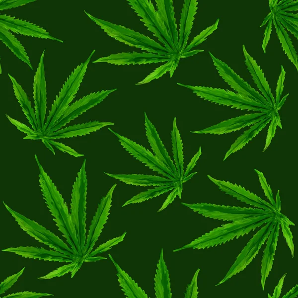 Marijuana gouache zökkenőmentes minta. Kendermarihuána, kenderlevelek sötétzöld háttérrel. Zöld füst hasis narkotikus — Stock Fotó