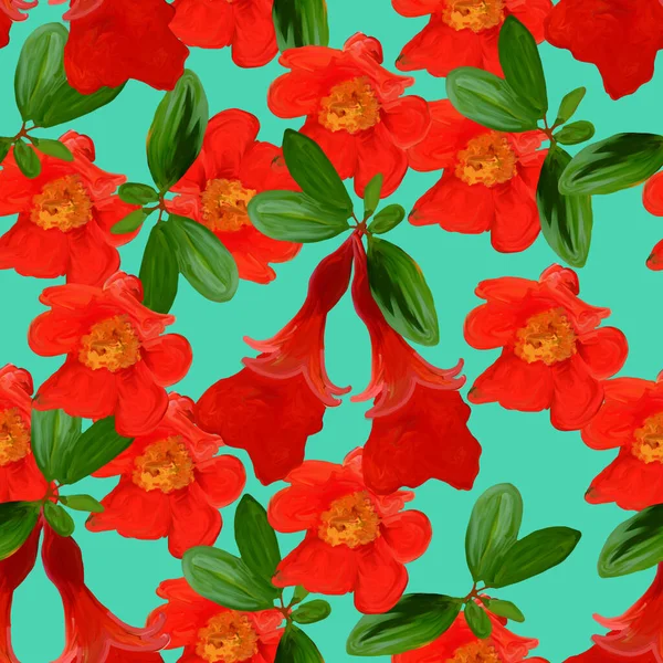 Handritad granatäpple gren med blad och blommor. Sömlöst mönster. Illustration på ljusgrön bakgrund. Ovanlig mall för design av textilier, papper, kläder, fodral — Stockfoto