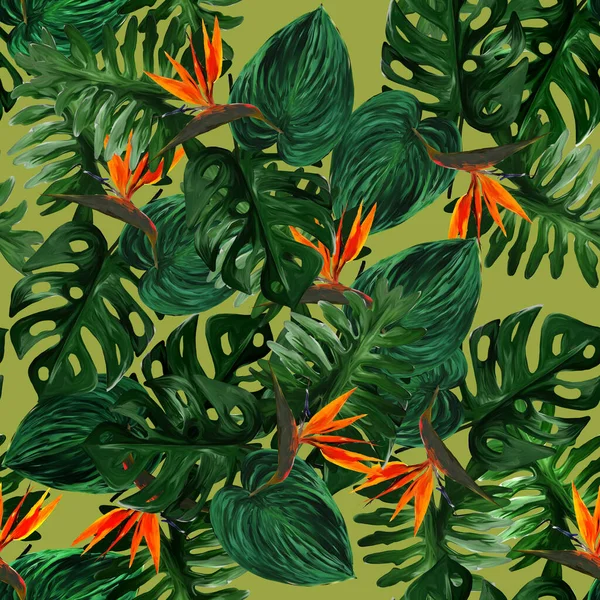 Strelitzia 'lı ve açık yeşil arkaplanlı orijinal kusursuz tropikal desen. Renkli kolocasia yaprakları, filodendron, canavar desenli kusursuz desen. Egzotik duvar kağıdı. Hawaii tarzı.