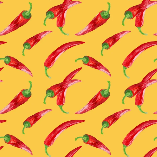 Chili Paprika Kézzel Rajzolt Zökkenőmentes Minta Sárga Kézi Illusztráció Gouache — Stock Fotó