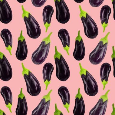 Patlıcan desenli patlıcan pembe izole bir arka planda gerçekçi bir şekilde çizilmiş. Diyet için sebze, vejetaryen, sağlıklı beslenme. Restoran menüsü, ambalaj, ürün tasarımı, pankart olarak kullan.