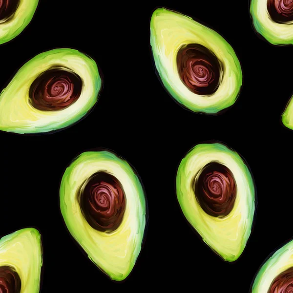 Modello Senza Cuciture Con Taglio Avocado Disossato Sfondo Nero Modello — Foto Stock