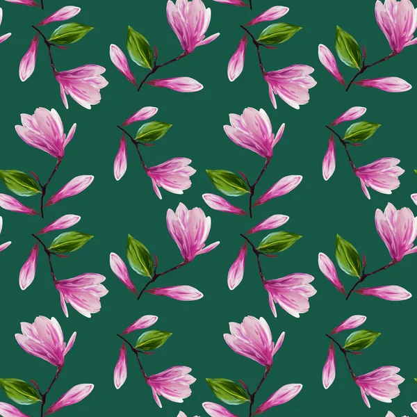 Motif Sans Couture Avec Fleurs Feuilles Magnolia Fleurs Illustration Gouache — Photo