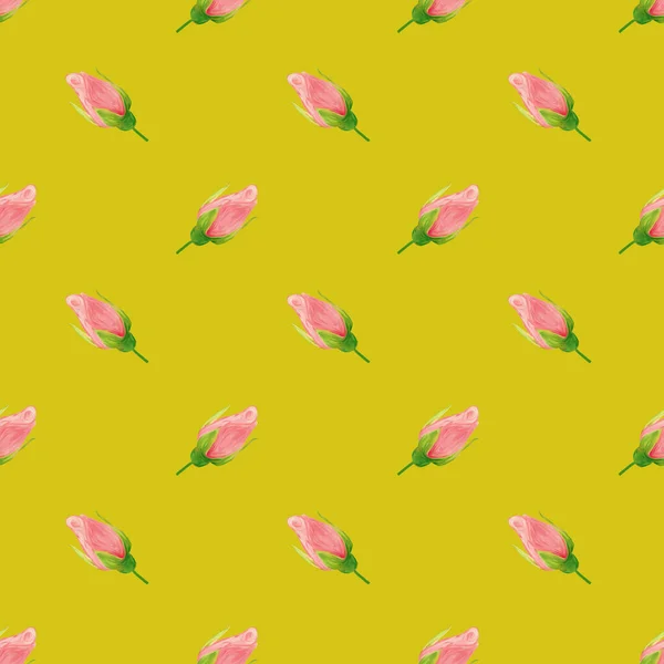 Rosenblüten Handgemachte Gouache Ölfarbe Nahtlose Muster Sanft Auf Gelb Hintergrund — Stockfoto