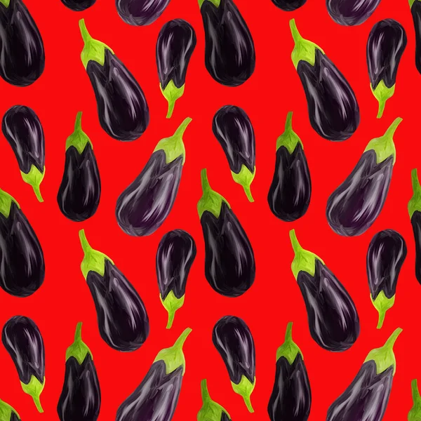 Seamles Aubergine Pattern Eggplant Drawn Realistic Style Red Isolated Background — Stock Photo, Image