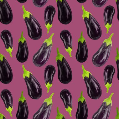 Seamles patlıcan desenli patlıcan bordo arka planda gerçekçi bir şekilde çizilmiş. Diyet için sebze, vejetaryen, sağlıklı beslenme. Restoran menüsü, ambalaj, ürün tasarımı, pankart olarak kullan.