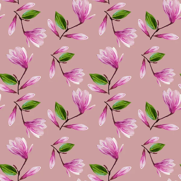 Çiçek açan manolya çiçekleri ve yapraklarıyla kusursuz desen. Gouache illüstrasyonu. Tasarım, ambalaj kağıdı, kumaş, arkaplan için soluk arkaplan deseni.