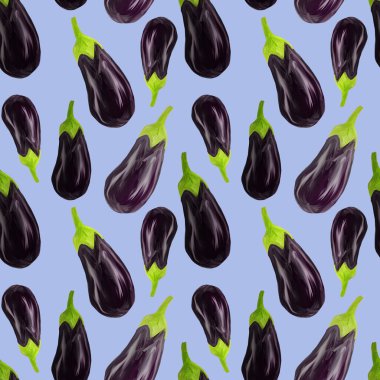 Seamles patlıcan desenli patlıcan mavi arka planda gerçekçi bir şekilde çizilmiş. Diyet için sebze, vejetaryen, sağlıklı beslenme. Restoran menüsü, ambalaj, ürün tasarımı, pankart olarak kullan.