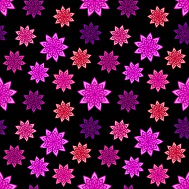 Siyah arkaplanda mor çiçekli süslemeler var. Mutfak duvar kağıdı ya da banyo döşemesi için çiçek dokusu. ambalaj kağıdı, arkaplan, kumaş baskısı, duvar kağıdı olarak kullanılabilir