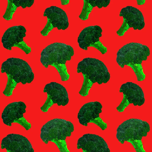 seamless pattern with broccoli isolated on red background in gouache. Bright tasty vegetables. Illustration used for magazine, kitchen textile, greeting cards, menu cover, web pages.