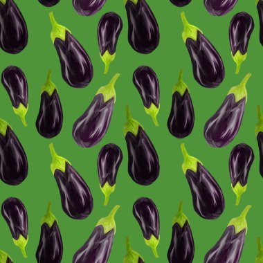 Seamles patlıcan desenli patlıcan yeşil arka planda gerçekçi bir şekilde çizilmiş. Diyet için sebze, vejetaryen, sağlıklı beslenme. Restoran menüsü, ambalaj, ürün tasarımı, pankart olarak kullan.