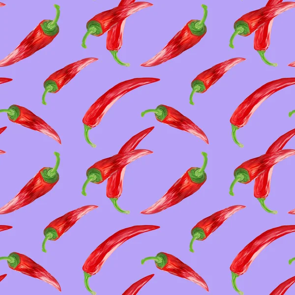 Chili Peppers Lilac Background Hand Drawn Seamless Pattern Manual Illustration — Stock Photo, Image