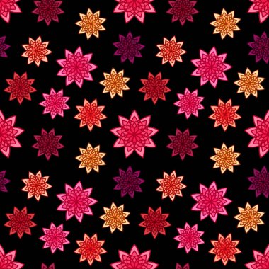 Pembe, turuncu ve sarı çiçekli desenler siyah. Mutfak duvar kağıdı ya da banyo döşemesi için çiçek dokusu. ambalaj kağıdı, arkaplan, kumaş baskısı, duvar kağıdı olarak kullanılabilir.