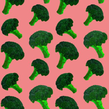 Gouache 'deki mercan arka planında izole edilmiş brokolili pürüzsüz desen. Parlak lezzetli sebzeler. Dergi, mutfak tekstili, tebrik kartları, menü kapağı, web sayfaları için kullanılan resimler.