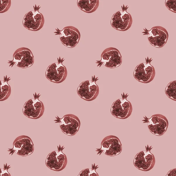 Einfarbiges Nahtloses Muster Mit Granatapfelfrüchten Und Samen Auf Hellbraunem Hintergrund — Stockfoto