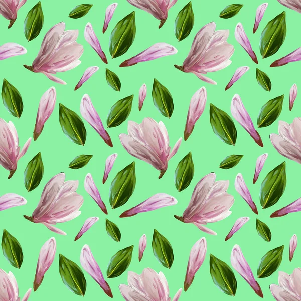 Płynny Wzór Kwitnącymi Kwiatami Liśćmi Magnolii Ilustracja Akwareli Wzór Odizolowanym — Zdjęcie stockowe