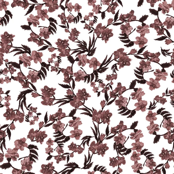 Nahtloses Muster Wilder Brauner Blüten Und Blätter Auf Weißem Hintergrund — Stockfoto