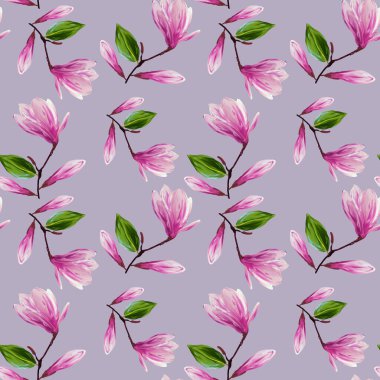Çiçek açan manolya çiçekleri ve yapraklarıyla kusursuz desen. Gouache illüstrasyonu. Tasarım, ambalaj kağıdı, kumaş, arkaplan için gri arkaplan deseni.