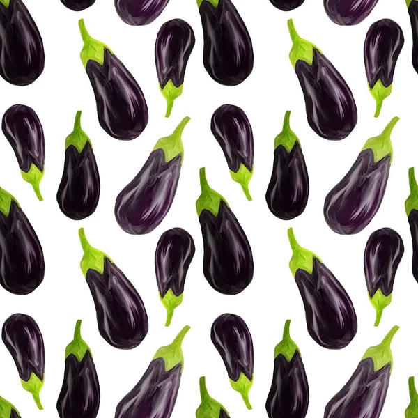Seamles Aubergine Pattern Eggplant Drawn Realistic Style White Background Vegetables — Stock Photo, Image