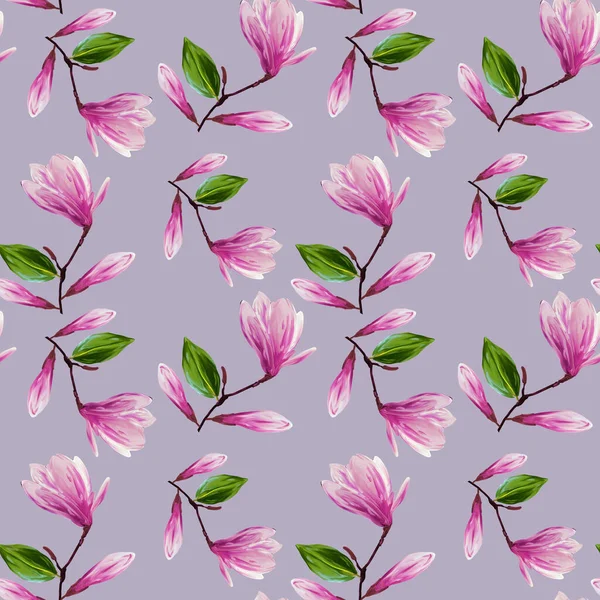 Nahtloses Muster Mit Blühenden Magnolienblüten Und Blättern Gouache Illustration Muster — Stockfoto