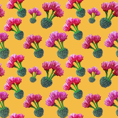 Çiçeksiz yaz çiçekleri çiçek açan kaktüsleri olan tropikal desenler, turuncu arka planda sulu bitkiler. Duvar kağıtları, web sayfası arkaplanları, yüzey dokuları, tekstil için mükemmel..