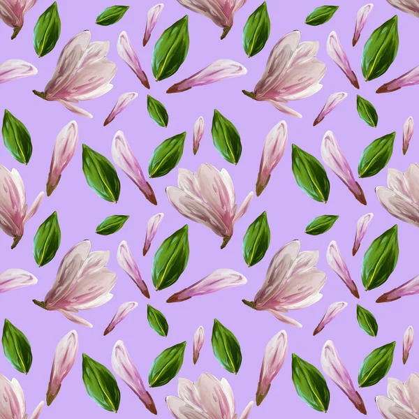 无缝隙的花纹 开着木兰花和树叶 水彩画 用于设计 包装纸 背景的紫丁香背景图案 — 图库照片