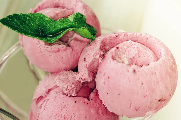 ミントと自家製有機フルーツベリーピンクアイス おいしいデザートやアイスクリーム 新鮮なベリーから作られた — ストック写真
